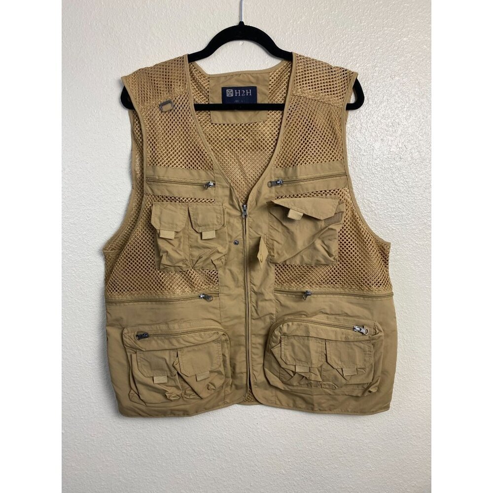 H2H Active Wear Outdoor Vest Men Large Work Safari Fishing Travel Utility Brown